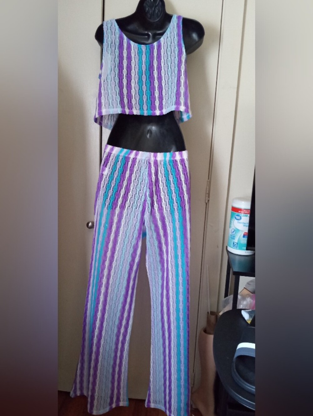 Wild Fable Purple, Teal & White Striped Crochet Two-Piece Coverup Size Small